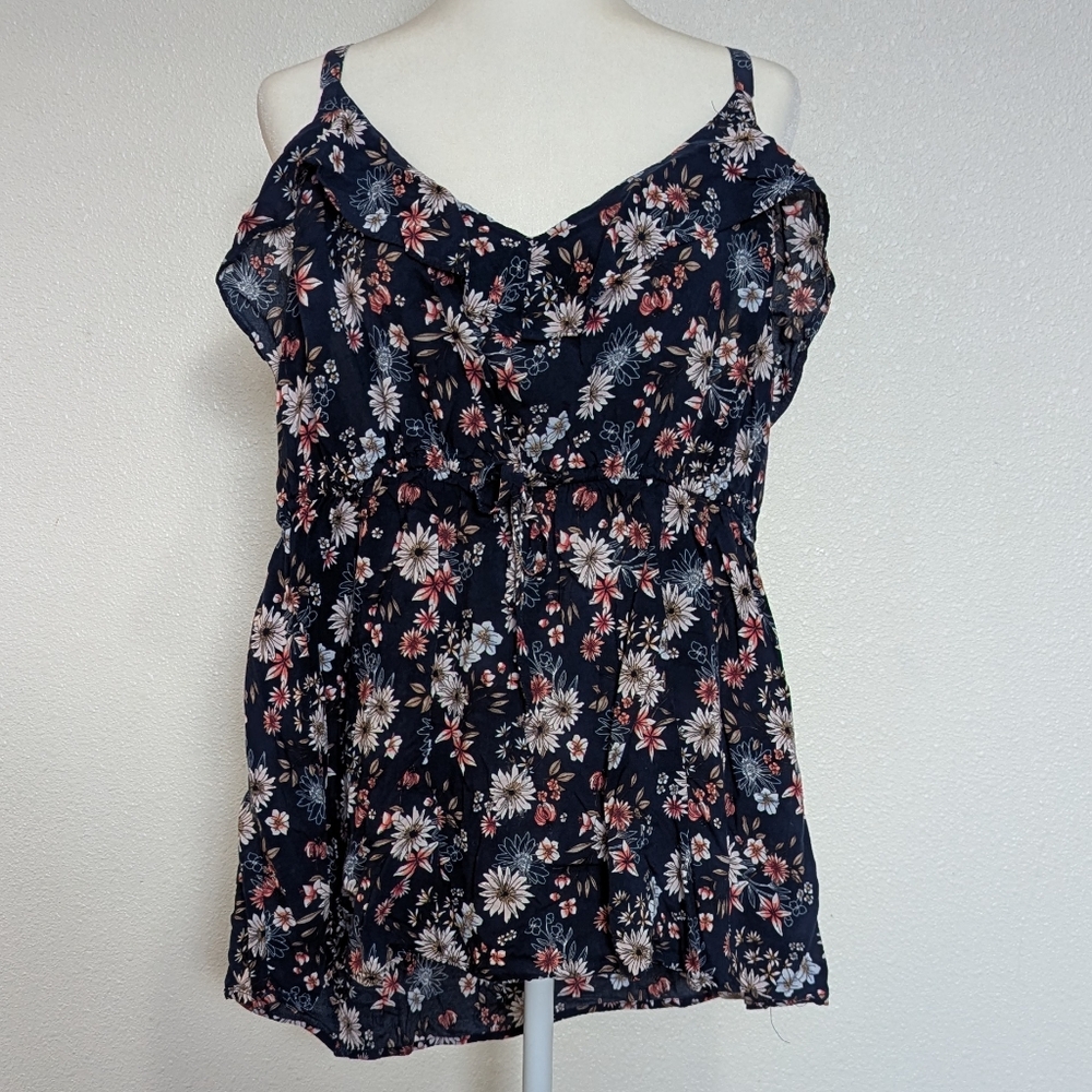 Torrid Navy Blue Floral Ruffle Bust Tie Waist Tank Top Size 3X
